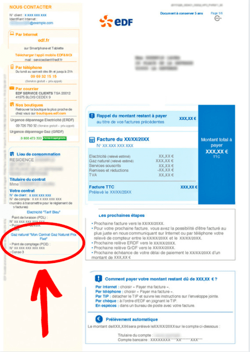 Facture EDF : emplacement PCE gaz EDF