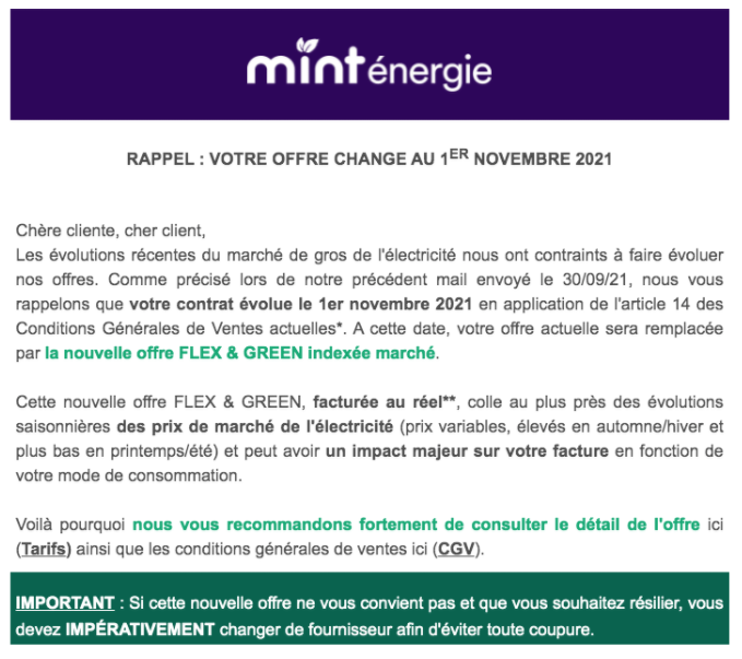 Hausse des tarifs chez Mint Energie - Des clients résilient leur contrat Mint Energie