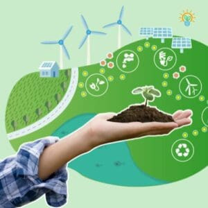 une main qui tient de la terre végétale et une jeune pousse. Derrière, une illustration d'une terre en pleine transformation énergétique
